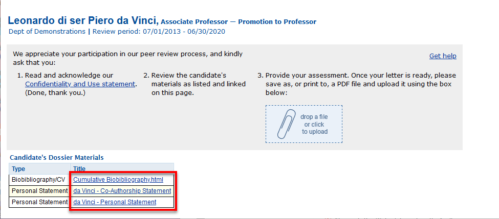 Image shows a section of the review screen listing the candidate's materials and links to the attached documents.